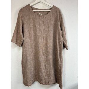 Len Ok Women’s XL 100% Linen Brown Tunic Dress Half Sleeve Pockets Lightweight